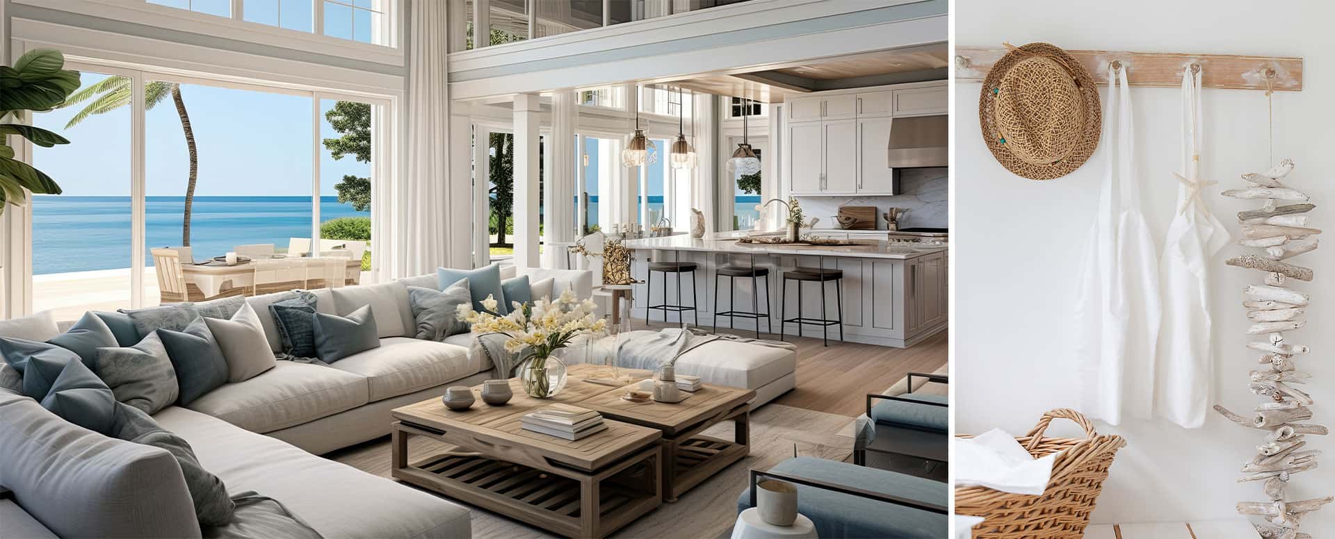 great room with ocean view and entry way